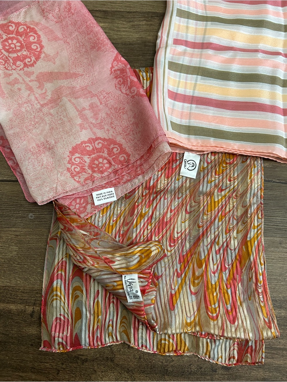 Lot of 3 Vintage 100% Silk Scarves - Vera Marbled Careta Pastel Striped Pink